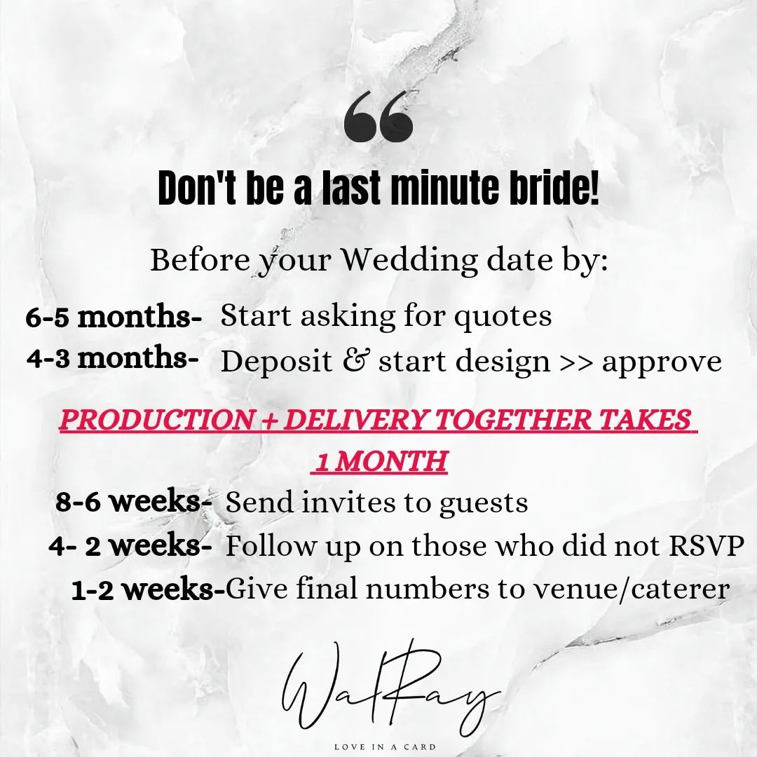 **FIRST TIP of 2023!** SAVE IT!
Do not leave your invitations till the last minute!
Here is an ideal guide to help you organize your invitations in time!
You will not have to stress during the designing process which is what a lot of brides tend to leave late.
When you follow this timeline, we take our time together creating your design (unlimited edits!). Then, when you approve it, you can push it aside to focus on the rest of your wedding planning. When it is 3 months before your wedding date give us the green light to start production without needing to break a sweat😌💅
#tipoftheyear #tipoftheweek #lastminutebride #weddingplanning #weddingplanningtips